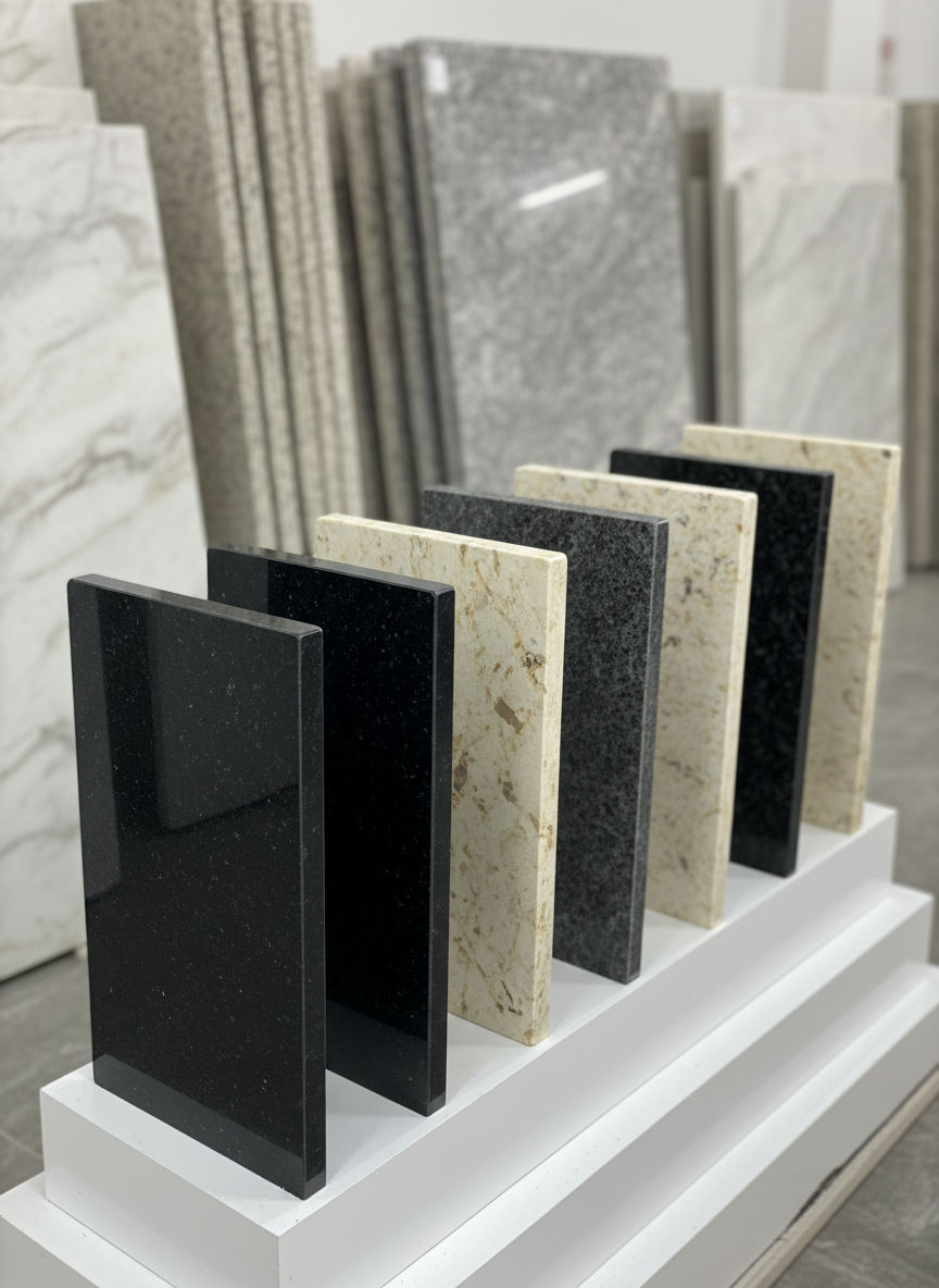 Photographic realism close-up of a polished granite kitchen countertop sample display in a professional Ankara workshop. Several rectangular slabs in black, anthracite, and cream tones stand vertically on a clean white display stand, each clearly showing their unique grain, veining, and glossy surface. A subtle reflection of overhead workshop lights glows on the stone, revealing texture and thickness. The background shows slightly out-of-focus larger marble and granite slabs leaning in organized rows. Neutral, evenly diffused artificial lighting creates a clean, technical mood. Captured from a slightly elevated angle using the rule of thirds, with sharp focus on the front samples, conveying quality, variety of materials, and expertise in countertop and grave construction.
