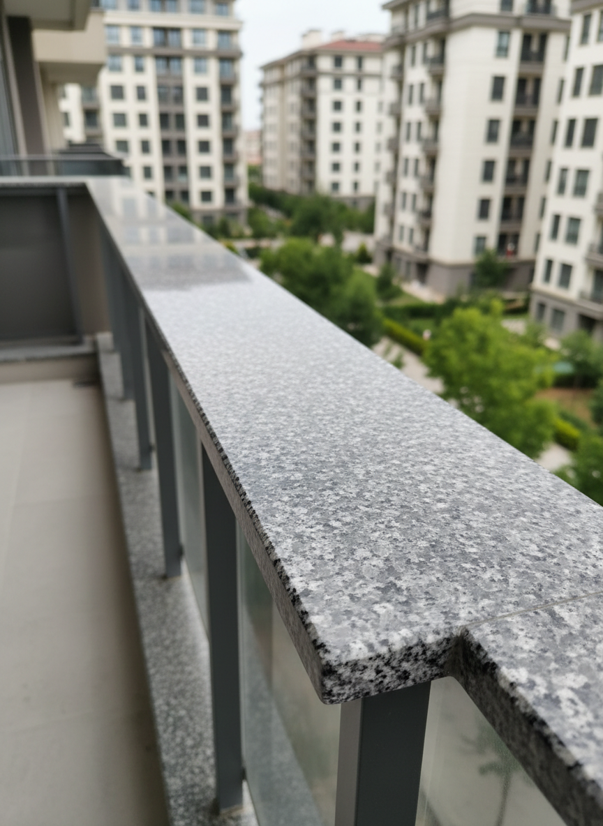 Photorealistic image of a modern apartment balcony in Ankara featuring a sleek granite küpeşte (balustrade top). The railing’s upper surface is made of polished dark gray granite with fine speckles, its edges precisely rounded and corners perfectly aligned with the metal balusters. Light from a bright but slightly cloudy day creates subtle reflections and a smooth gradient along the granite, highlighting its thickness and premium quality. In the blurred background, neutral-toned apartment façades and soft greenery are visible. Captured from a low, close-up angle along the length of the küpeşte with shallow depth of field, the mood is modern, safe, and professional, clearly presenting granite craftsmanship beyond cemetery work.
