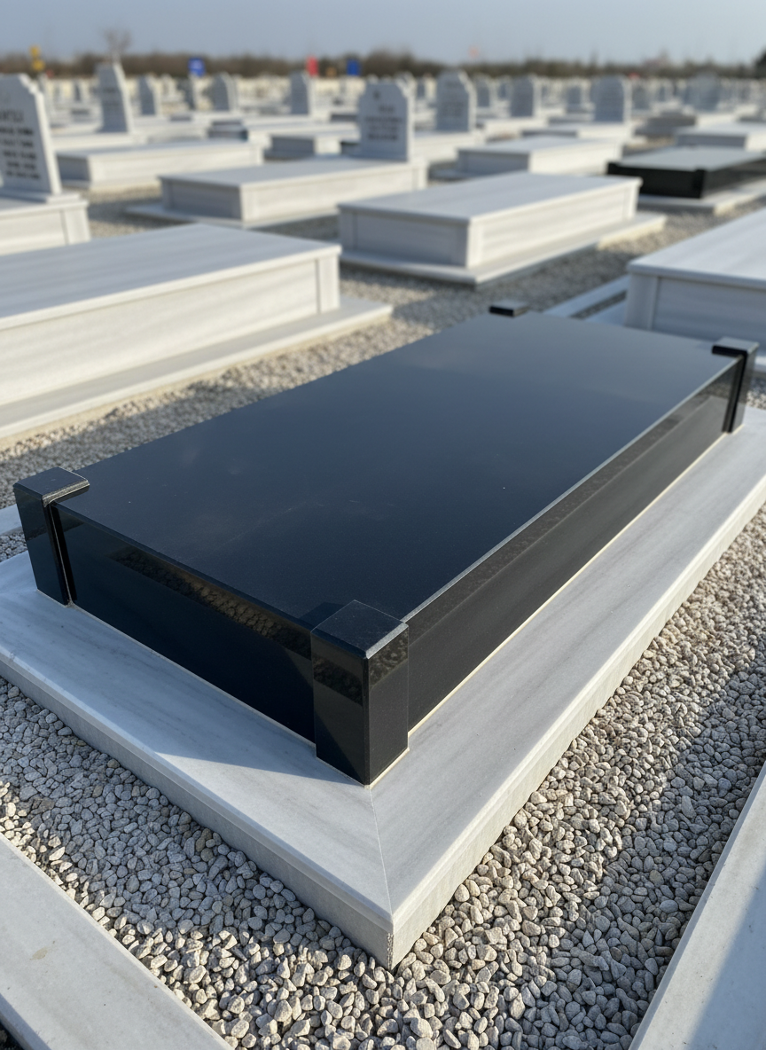 High-detail photographic realism of a newly constructed marble and granite grave in Ankara Karşıyaka cemetery. The main grave is made of polished black granite with crisp, sharp edges and a contrasting light gray marble frame, showing subtle crystal patterns in the stone. It stands on a neatly leveled gravel base, surrounded by aligned rows of other neutral-colored graves that softly blur into the background. Late afternoon natural light creates clean reflections on the glossy granite surface and gentle shadows along the joints, emphasizing craftsmanship and precision. Shot at eye level with a slight diagonal perspective and sharp focus throughout, the atmosphere feels respectful, calm, and professional, ideal for a trustworthy memorial construction business.