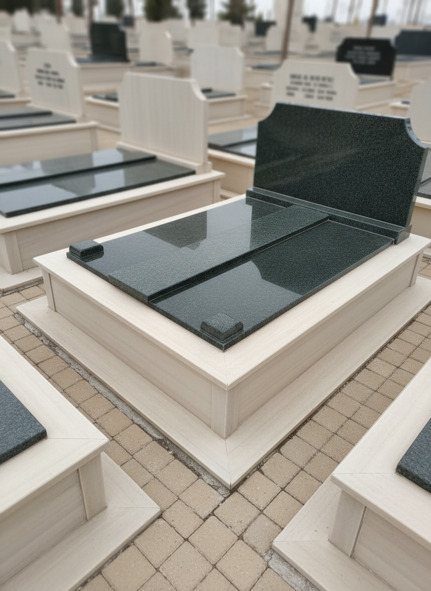 Wide-angle photographic view of an elegant, double-grave monument in Ankara Karşıyaka, crafted from light cream marble with a dark green granite head panel. The marble base has chamfered edges and a smooth, matte finish, while the granite headboard is glossy, reflecting the soft overcast sky. Decorative grooves and precise joints highlight careful workmanship. The grave is set among well-maintained pathways and aligned rows of similar monuments. Diffused daylight yields soft shadows, creating a calm, solemn atmosphere. Shot from a slightly elevated corner perspective, capturing the full structure and some neighboring graves in gentle focus, the composition emphasizes symmetry, durability, and professional memorial design.